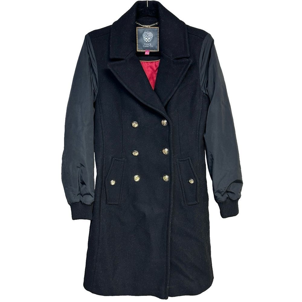 Vince Camuto Black Double-Breasted Wool Blend Coat Contrast Sleeves Military M